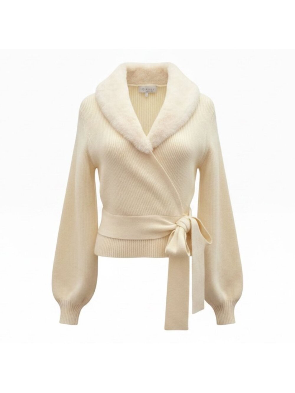 WAYF Womens S Ivory Faux Fur Collar Wrap Sweater Tie Waist Cardigan Cozy